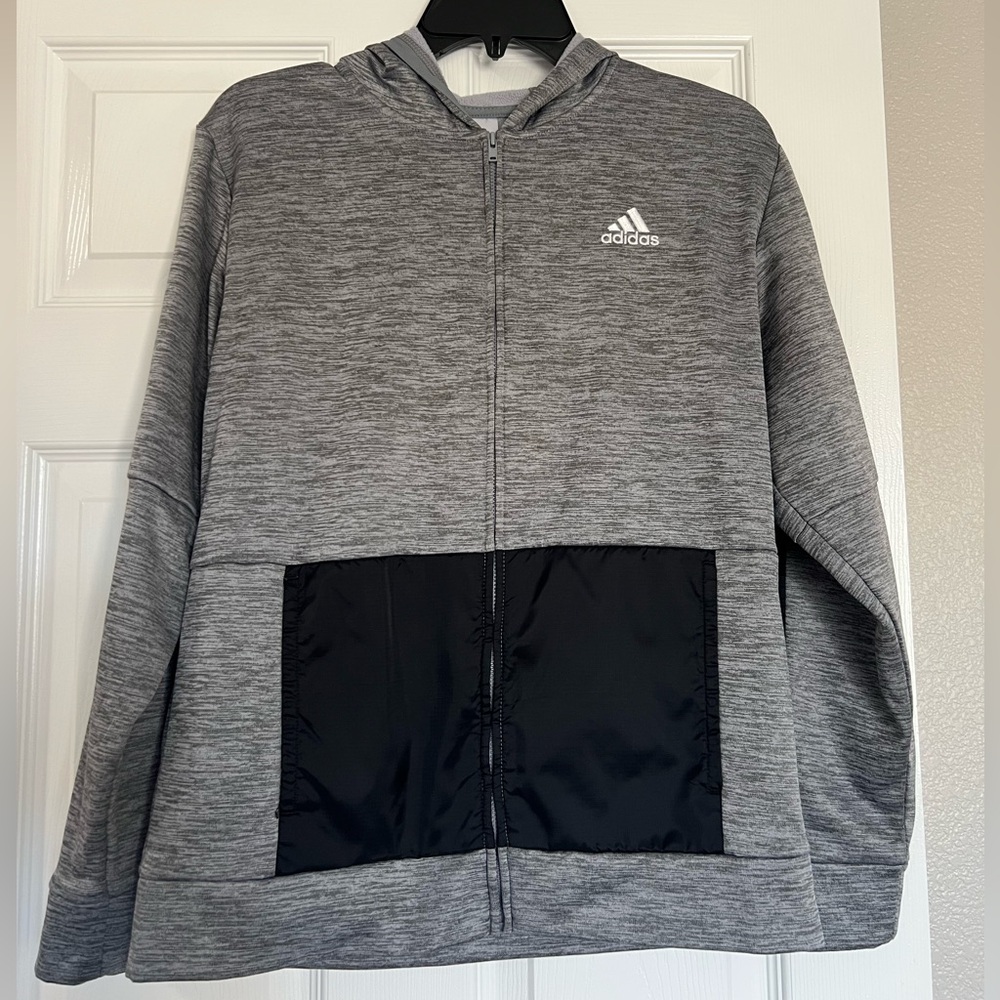 Adidas Boy’s Heather Gray zip up with Black Panel size 14/16